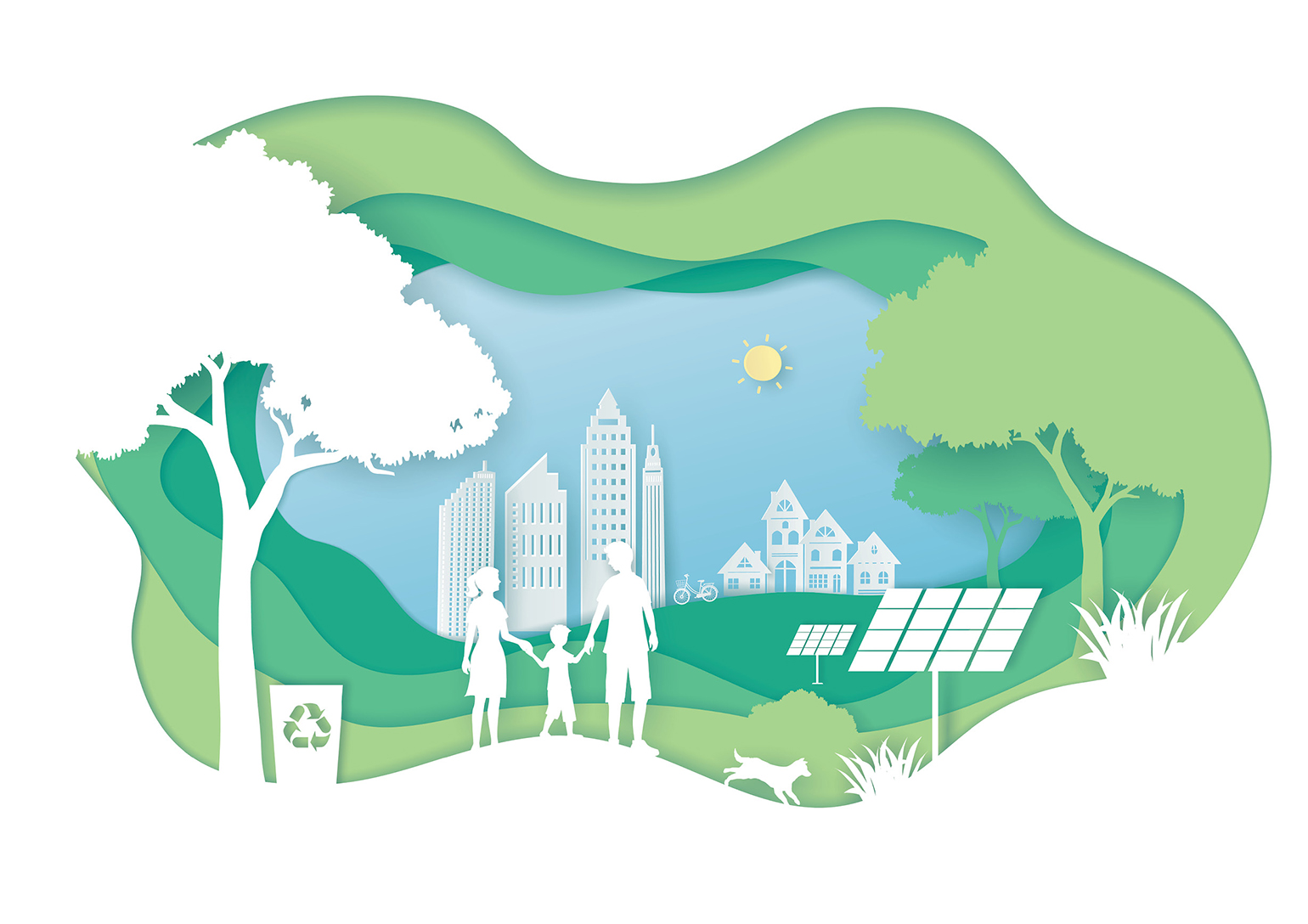 Graphic image with solar panels, a recycling bin, and people walking