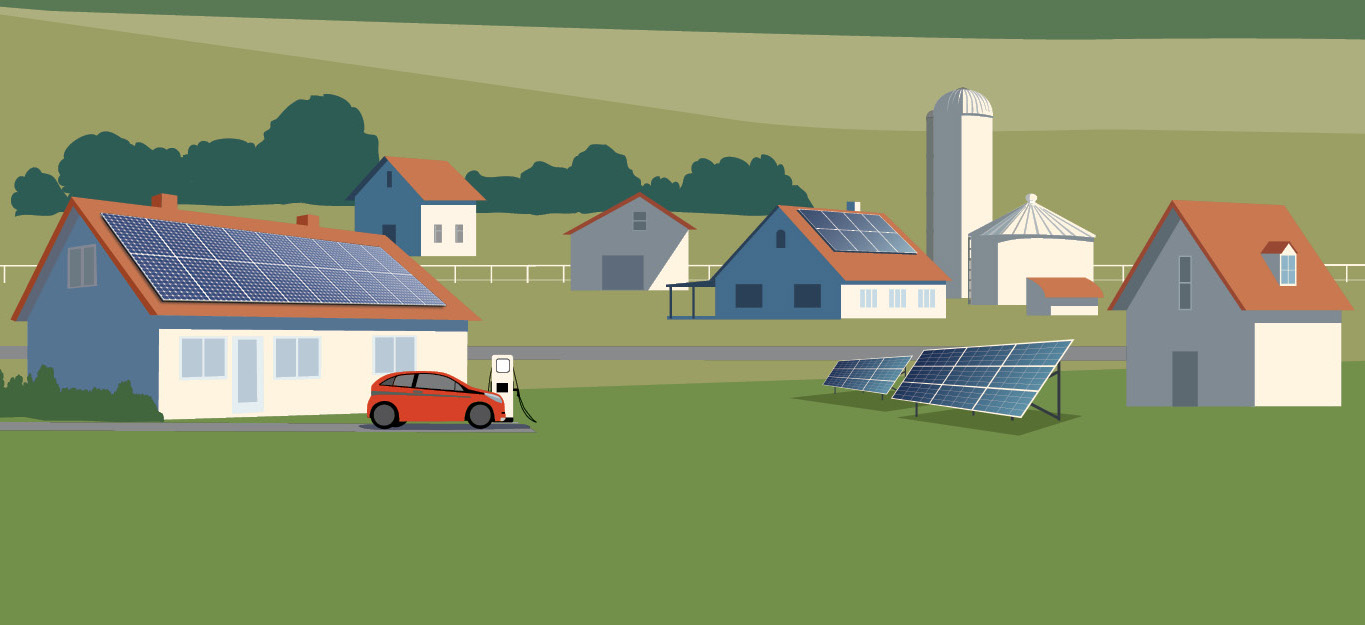 rural scene illustration with solar panels and ev charger